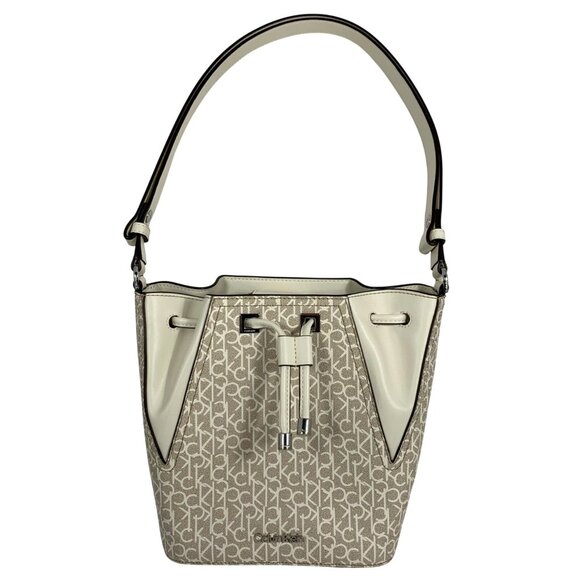 CALVIN KLEIN Taupe/Bone White CK Signature Logo Drawstring Bucket Shoulder Bag - Picture 1 of 14